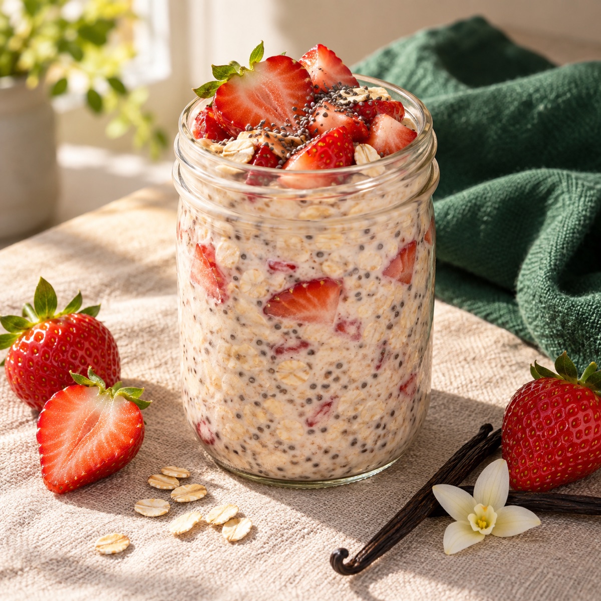Strawberry vanilla overnight oats topped with fresh strawberries